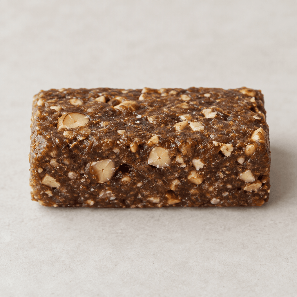 A compact, rectangular brown protein bar with a slightly uneven surface, visible chopped hazelnut pieces, and a few lighter flecks.