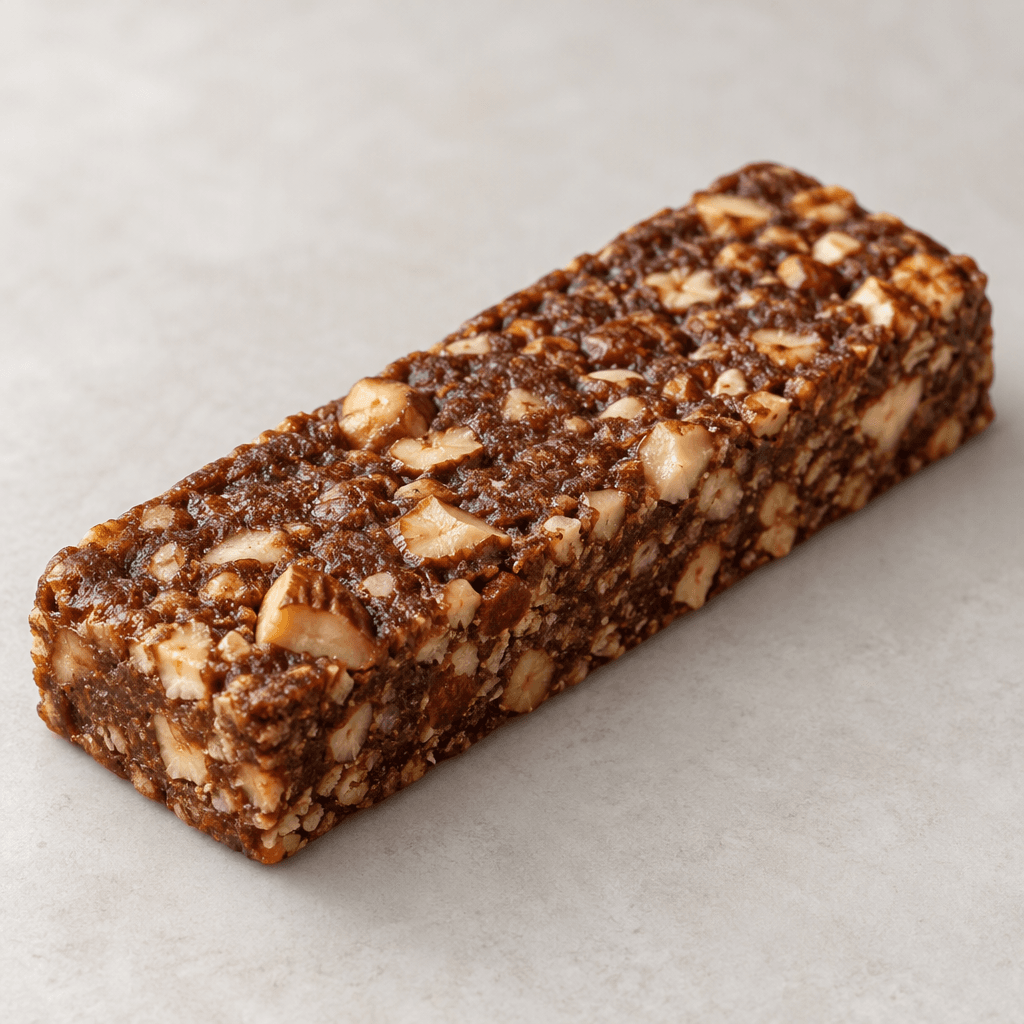 An elongated rectangular brown bar with a slightly rough surface and small hazelnut pieces visible throughout.