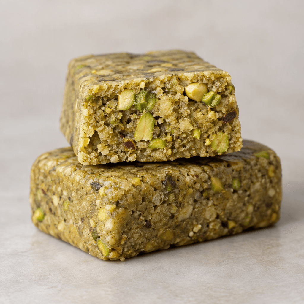 A compact rectangular protein bar with a dense beige-green interior and visible pieces of pistachio, shown whole with a cut face exposing its coarse texture.