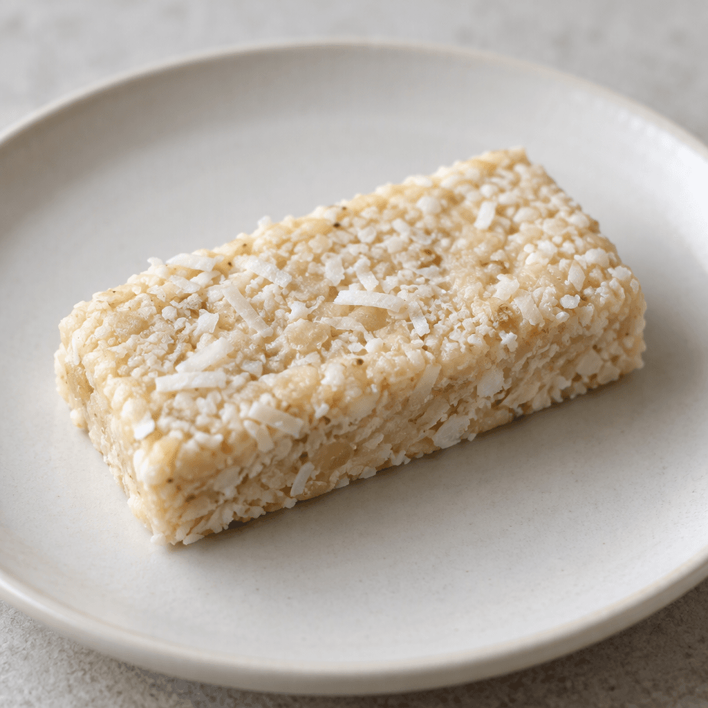 A compact, rectangular off-white protein bar with a slightly uneven surface and visible flecks of shredded coconut, resting on a plain plate.
