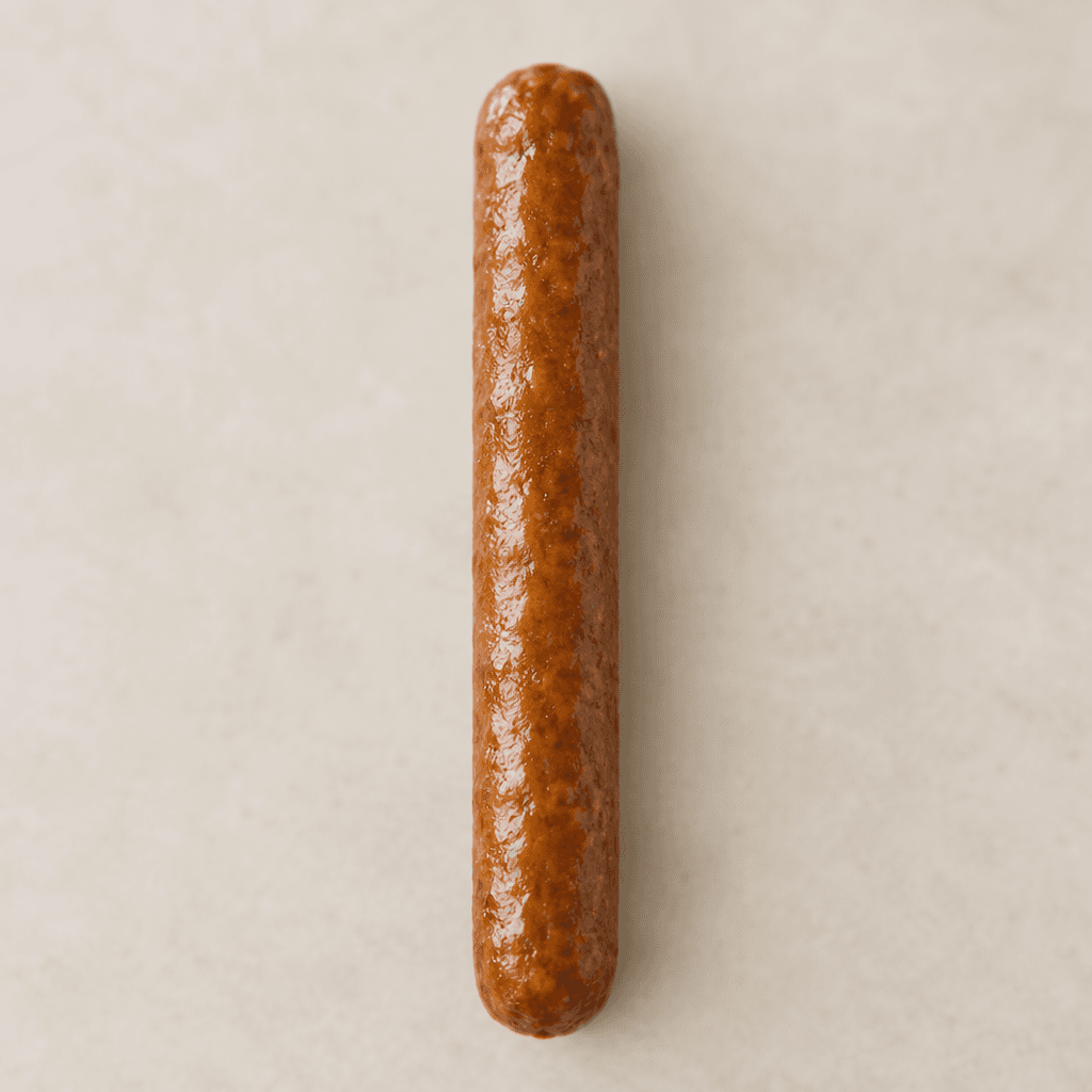 A slender, finger-shaped caramel-brown protein stick with a smooth, slightly glossy surface and softly rounded ends.