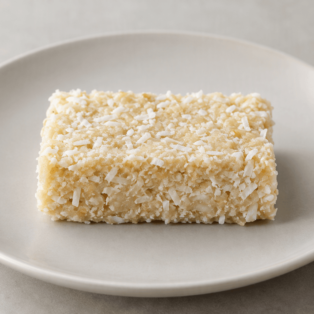 A compact rectangular bar with a pale cream surface, visibly flecked with fine coconut shreds and slightly rough, uneven edges, rests on a plain plate.
