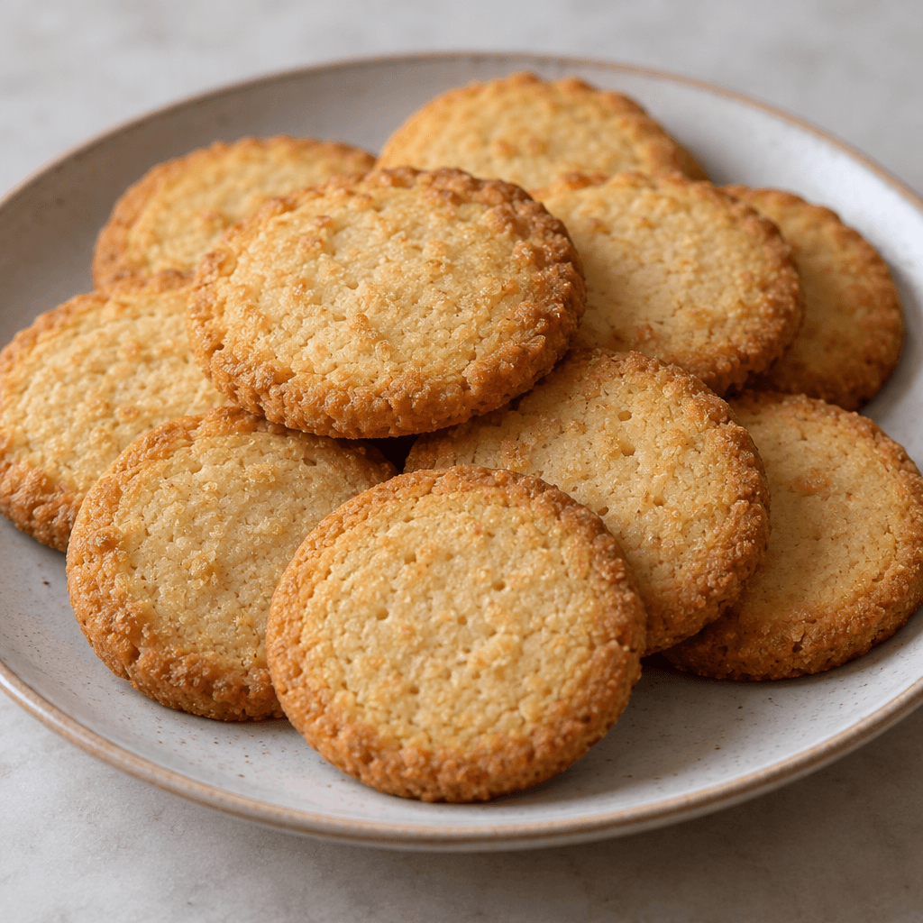 Small, flat, golden-brown biscuits with lightly browned edges and a subtly textured surface are arranged on a plate.