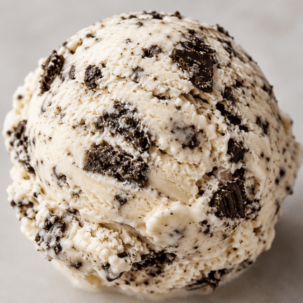 A pale cream-colored frozen dessert studded with irregular dark chocolate-cookie crumbs and pieces, with a soft, slightly uneven surface.
