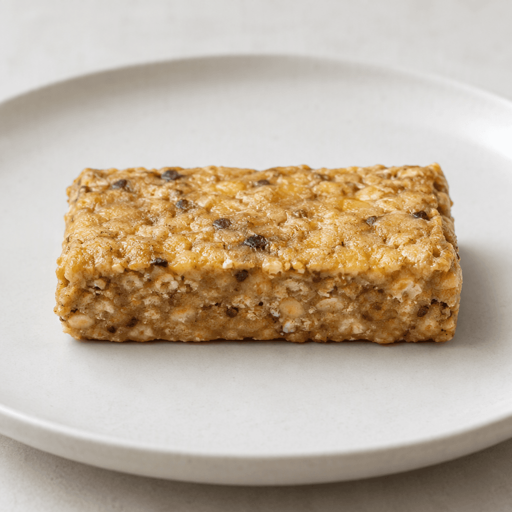 A compact rectangular banana protein bar with a slightly uneven, golden-beige surface and scattered darker flecks, shown on a plain plate.
