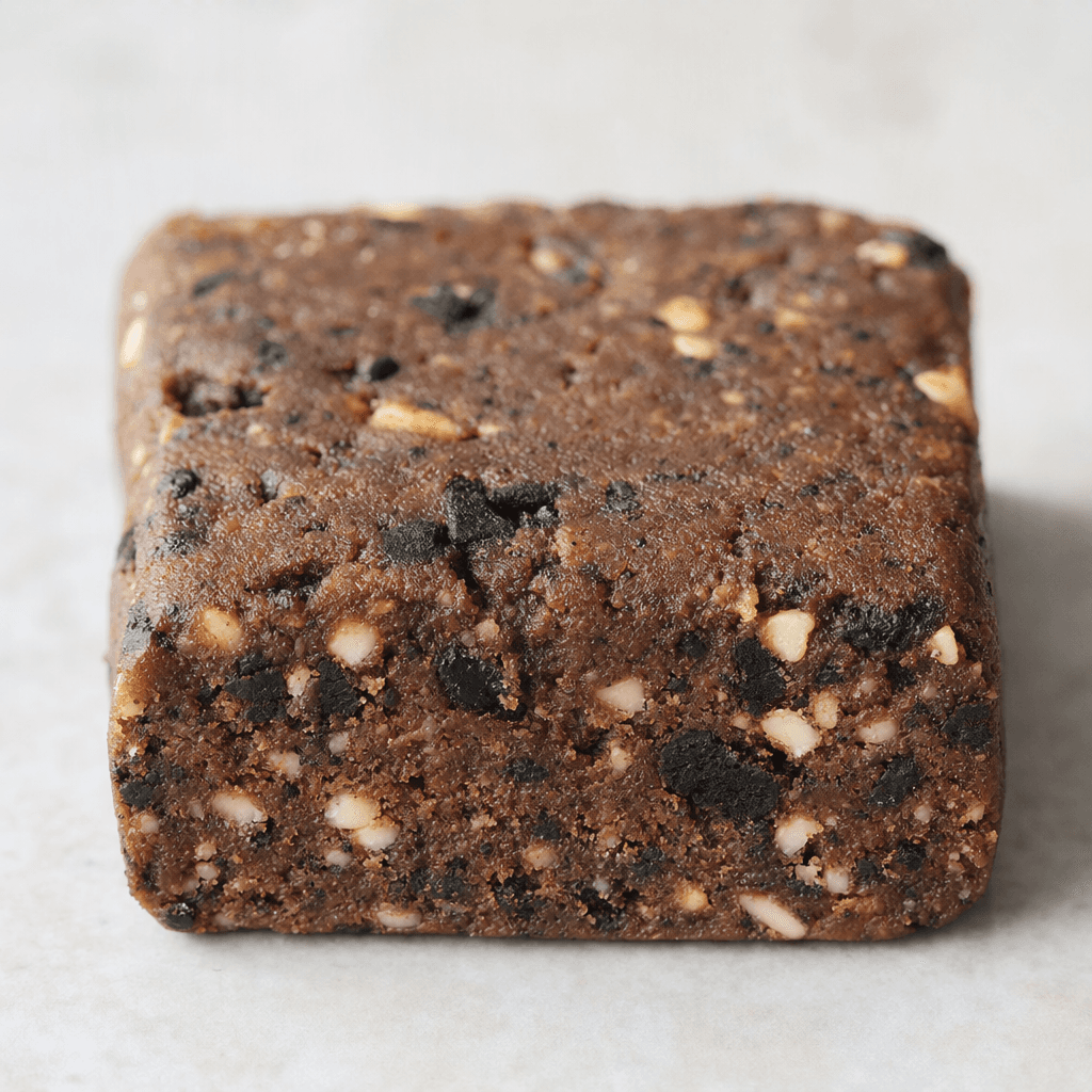A compact rectangular bar with a dark cocoa-brown surface speckled with black cookie crumbs and pale cream-colored bits, showing a dense, slightly crumbly interior at its cut edge.