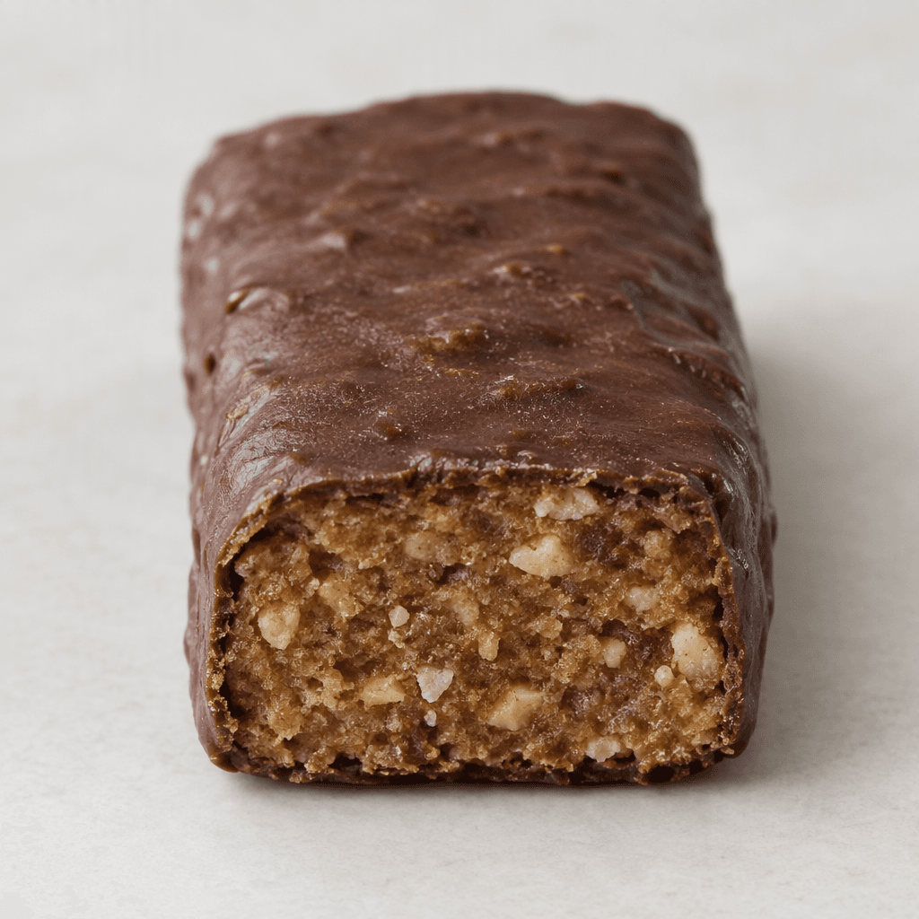 A compact, oblong rectangular bar with a matte chocolate-brown, slightly uneven surface and a dense tan-brown interior flecked with small pale pieces at the cut end.