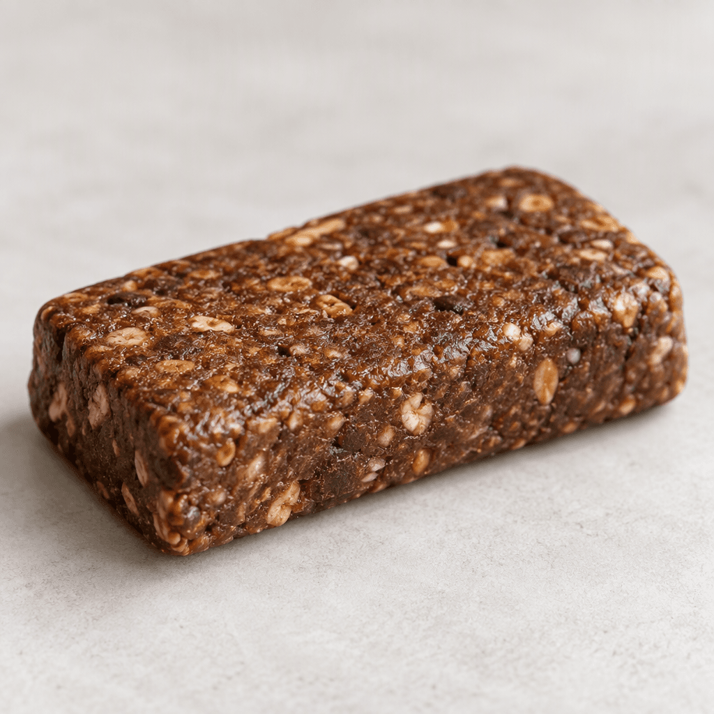 A compact, rectangular protein bar with a dense, slightly textured brown surface and softly rounded edges, shown on its own.