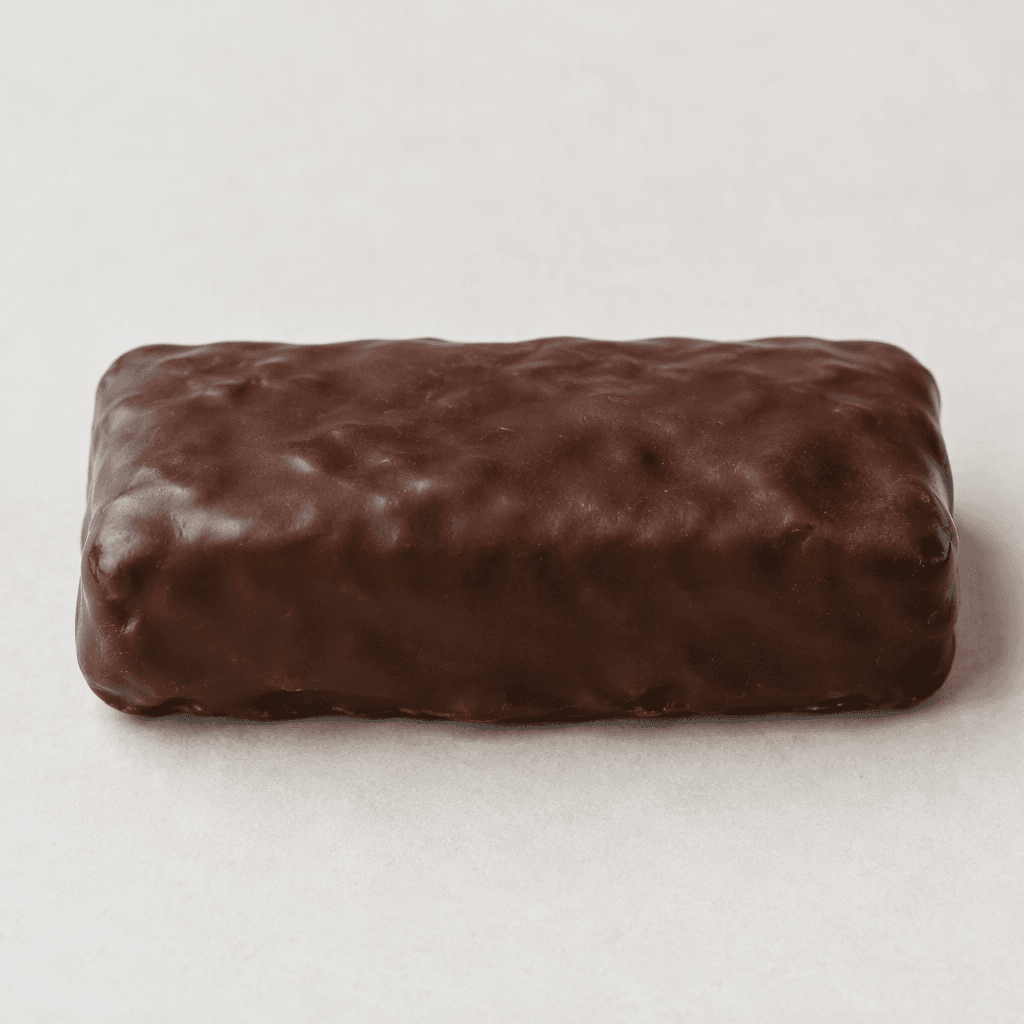 A compact rectangular protein bar with slightly rounded edges, covered in a dark brown chocolate coating with a smooth, faintly uneven surface.