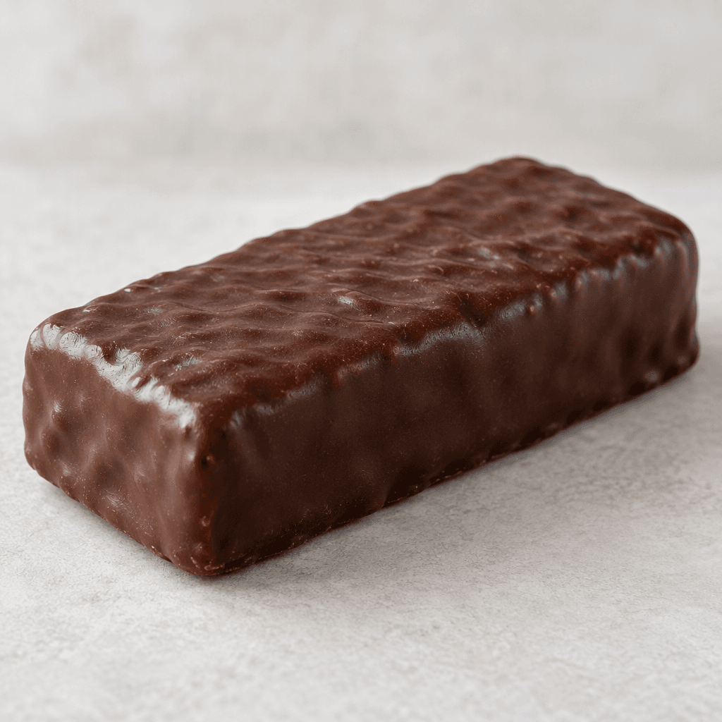 A rectangular protein bar with a smooth, dark-brown chocolate coating and slightly rounded edges.