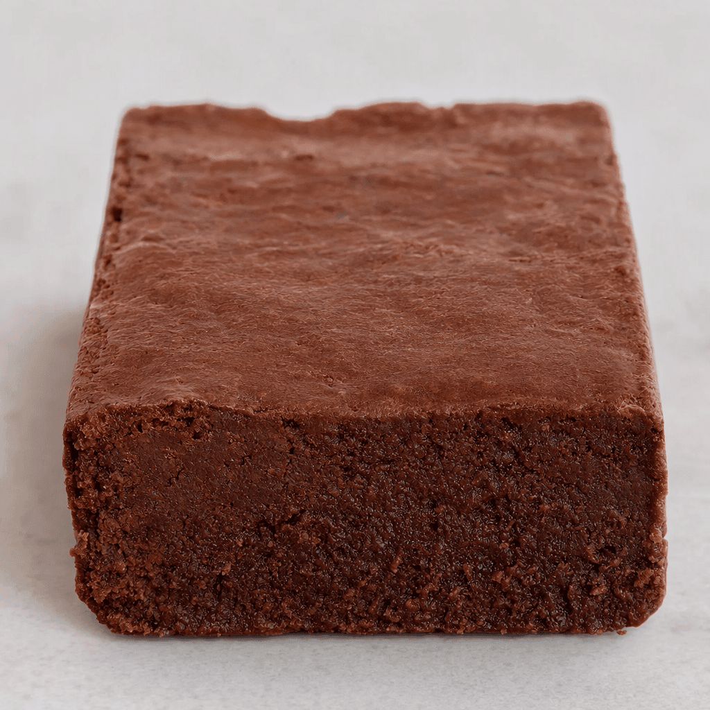A compact, rectangular chocolate-brown bar with a slightly uneven surface and a dense, finely textured interior visible at the cut end.