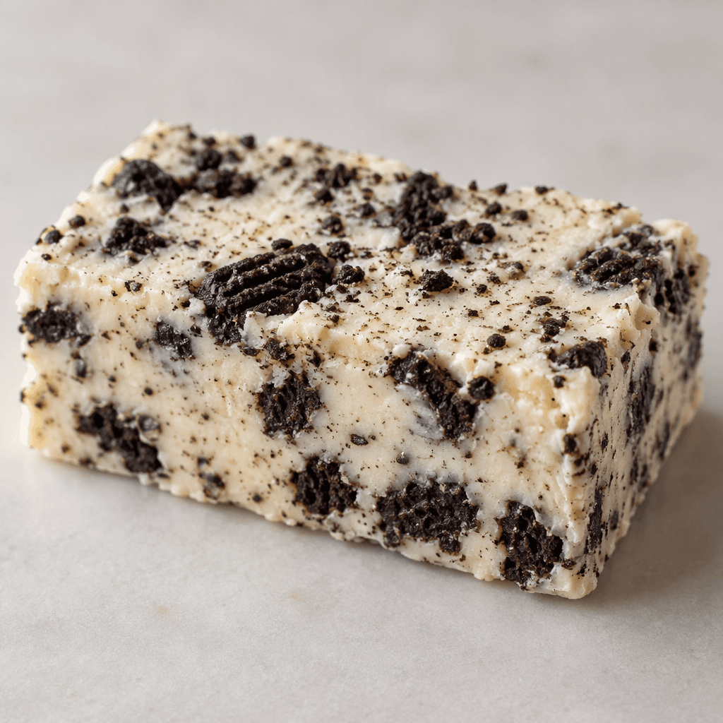A compact rectangular cream-colored bar with dark cookie crumbs scattered through its dense, slightly uneven surface.