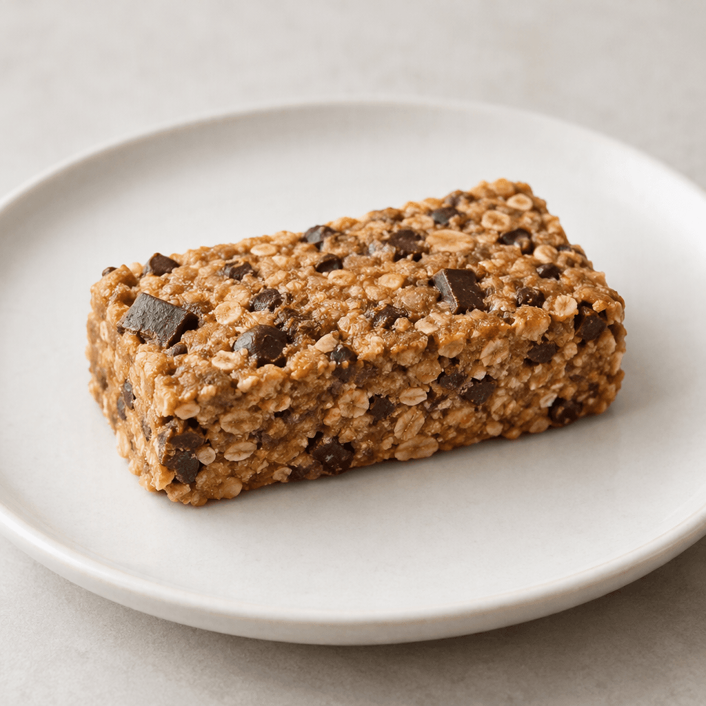 A compact, rectangular light-brown bar with a slightly rough, chewy-looking surface and scattered dark chocolate pieces, shown on a plain plate.