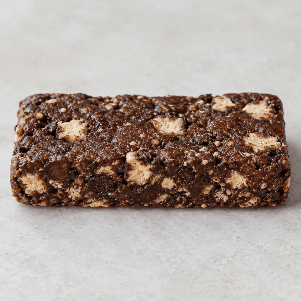 A compact rectangular protein bar with a dark brown, slightly uneven surface and small pale cookie pieces visible throughout.