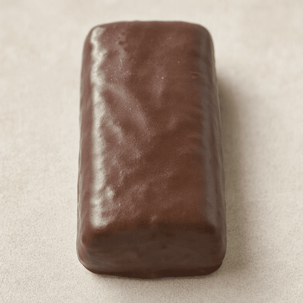 A compact, rectangular protein bar with softly rounded edges and a smooth, dark-brown coating.