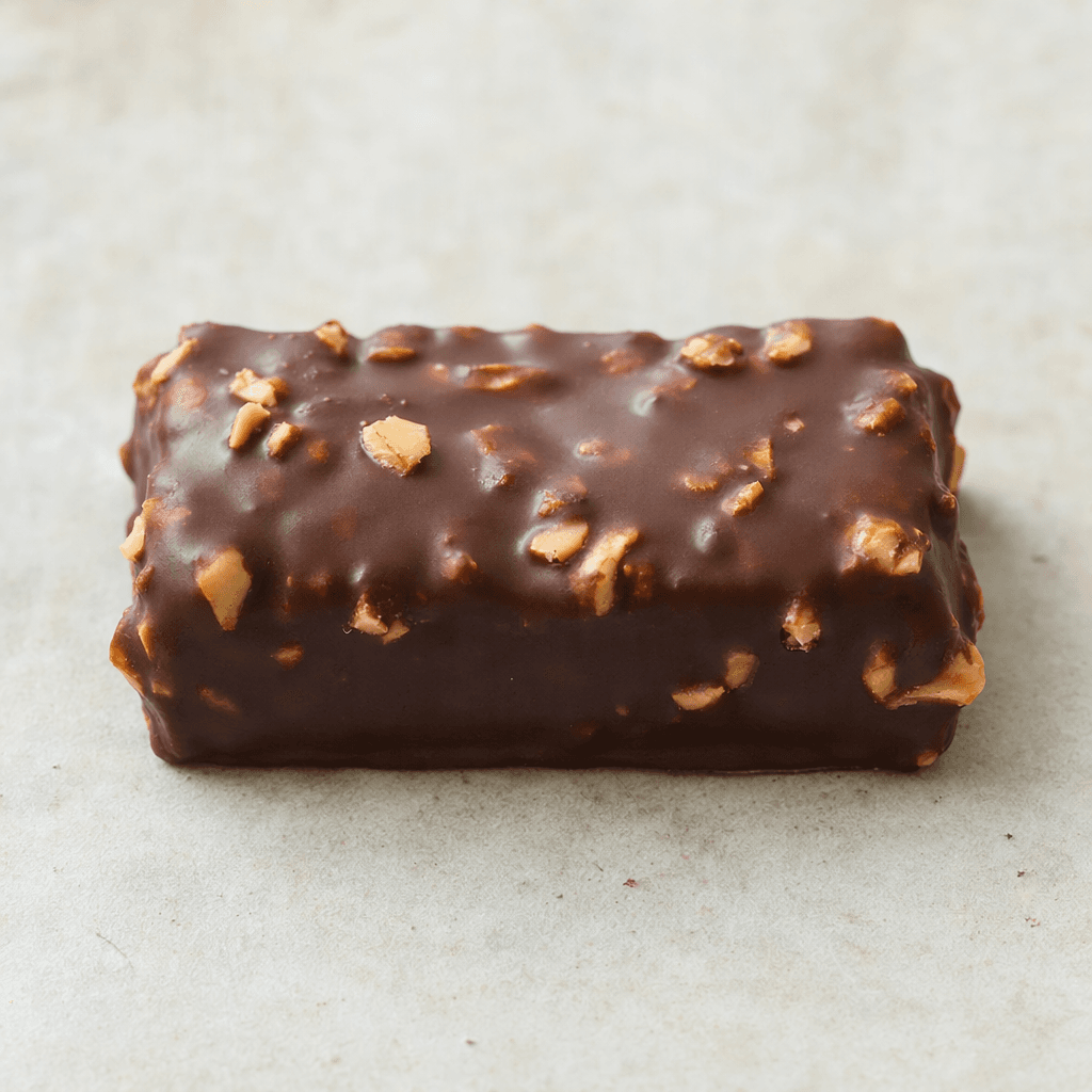 A compact rectangular protein bar with a dark brown chocolate coating, a slightly uneven surface, and small hazelnut pieces visible on top and at the edges.