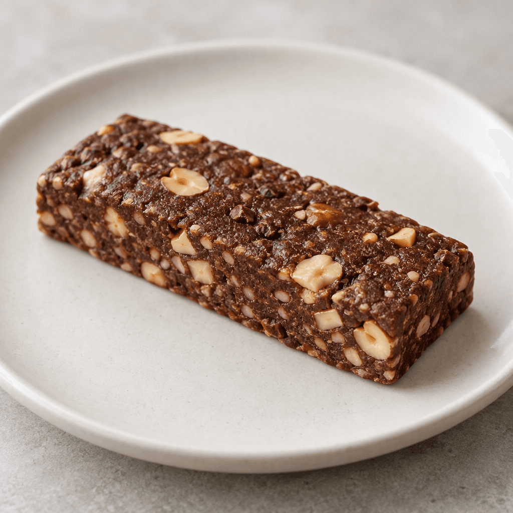 A compact rectangular protein bar with a cocoa-brown, slightly textured surface and small hazelnut pieces visible throughout, shown whole on a plain plate.