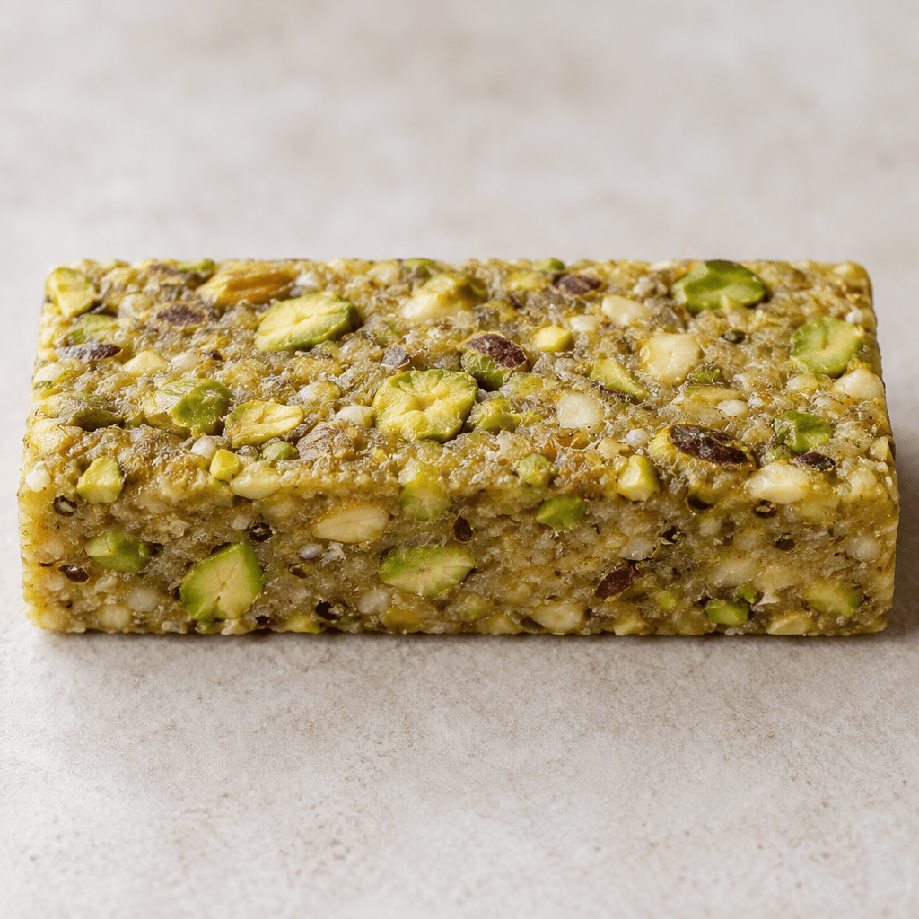 A compact rectangular protein bar with a lightly textured beige-green surface and visible pieces of pistachio scattered throughout.