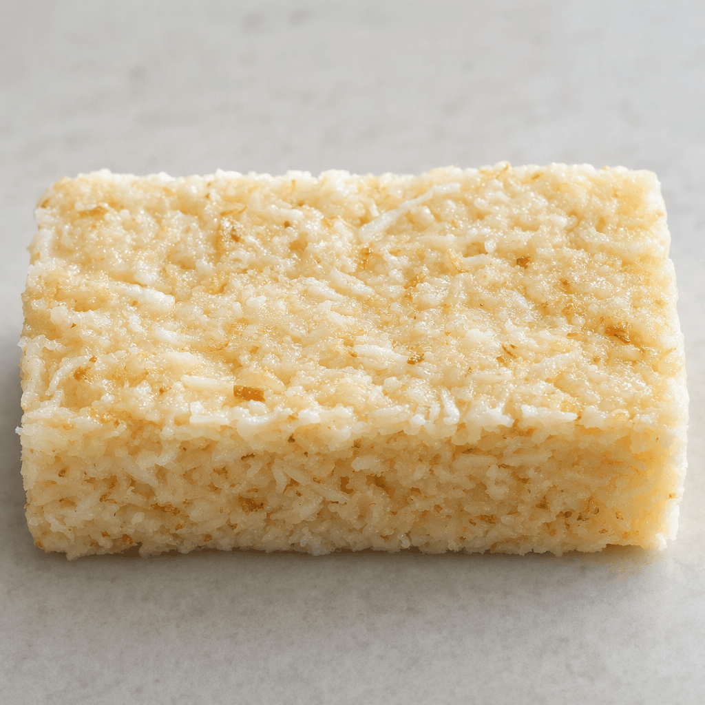 A compact rectangular bar with a pale cream surface, densely textured with visible shredded coconut and a few lightly browned flecks.