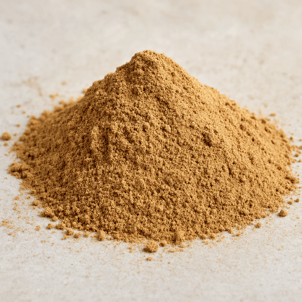 A fine, dry tan-brown powder sits in a small mound, with a loose, slightly grainy surface.