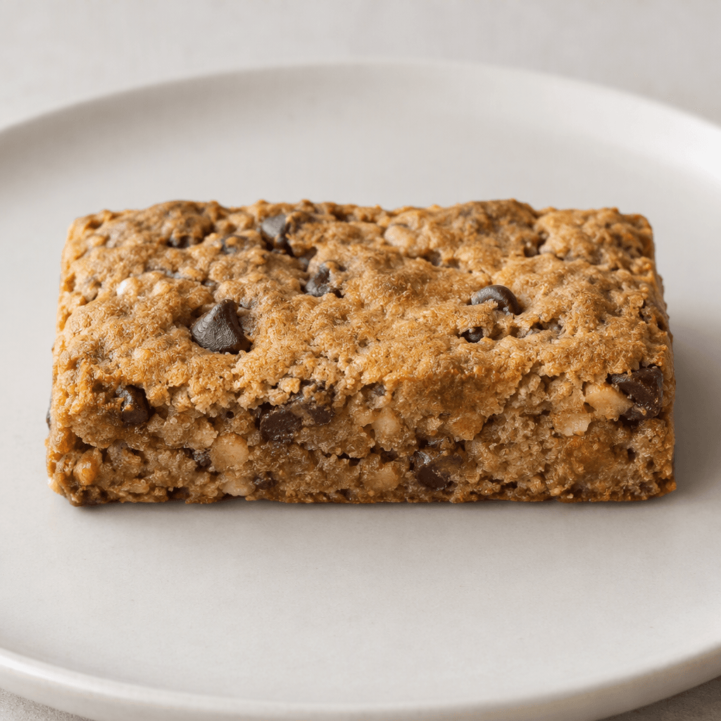 A compact, rectangular cookie bar with a golden-brown, slightly uneven surface and a dense, crumbly-looking texture, shown on a plain plate.