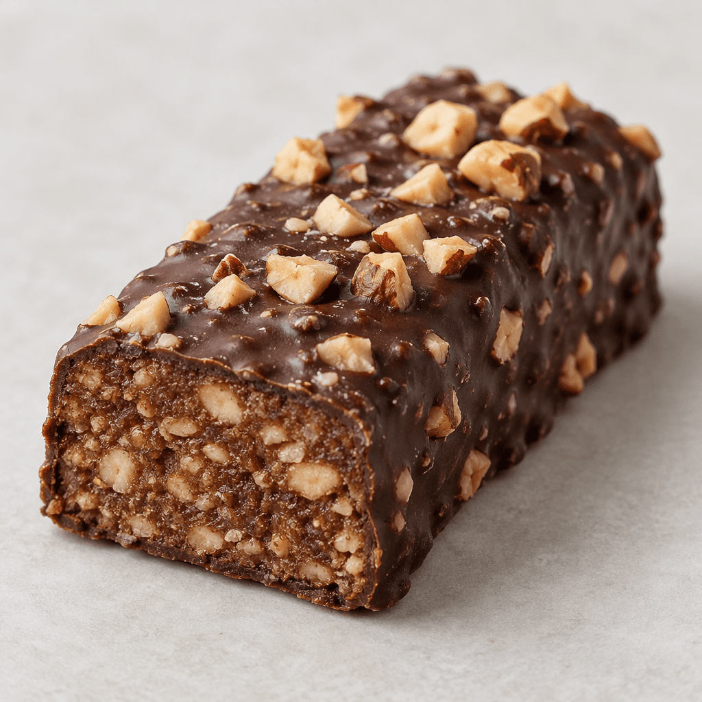A compact rectangular protein bar with a dark brown coating, scattered hazelnut pieces, and a dense brown interior visible at one cut end, resting on a plain surface.