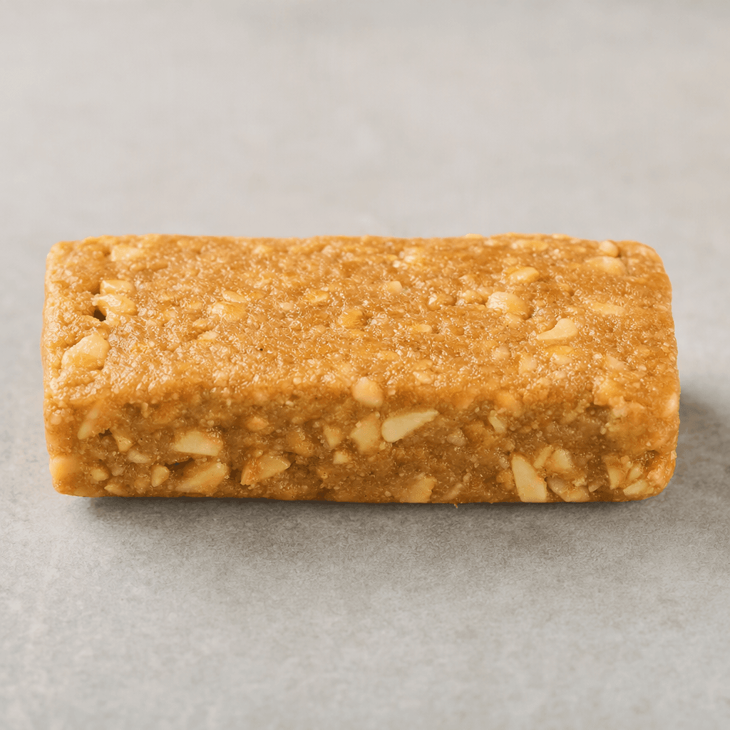A compact rectangular peanut protein bar with a tan-brown, slightly rough surface and visible pieces of peanut, shown whole.