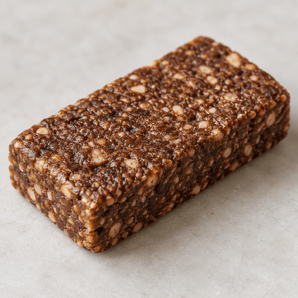 A compact rectangular brown protein bar with a dense, slightly rough surface and small lighter-colored flecks throughout.