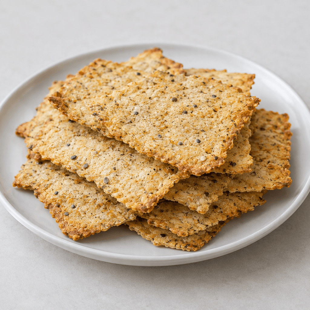 Thin, flat, golden-beige gluten-free crackers with lightly browned, uneven edges and a coarse, speckled surface are arranged on a plain plate.