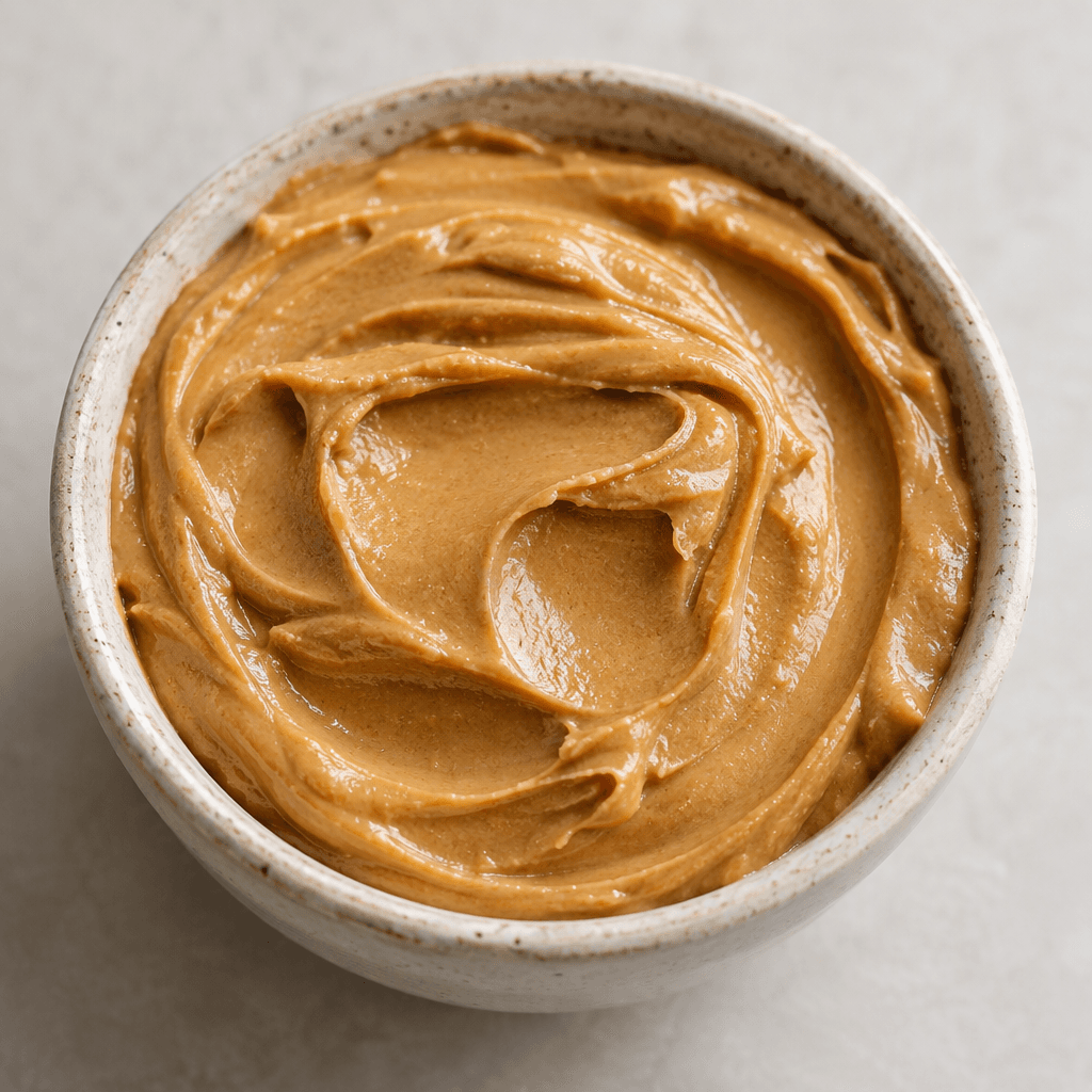 A thick, smooth, light caramel-brown peanut paste with a subtle sheen and soft ridges on its surface.