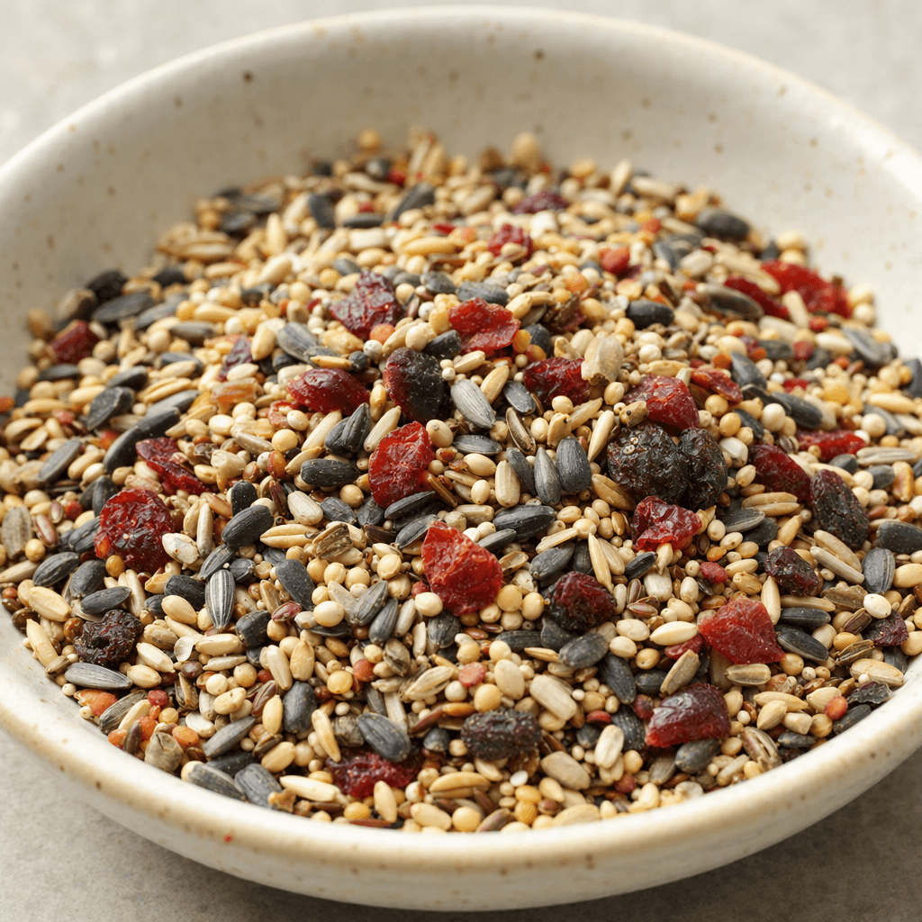 A loose blend of small dark and pale seeds with scattered reddish dried fruit pieces, served in a shallow bowl.