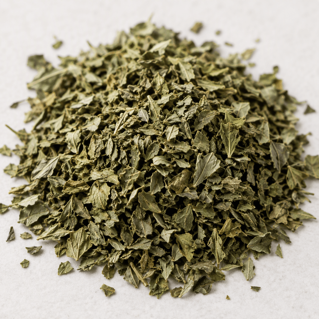 A loose pile of dried basil leaves, broken into small, crinkled flakes in muted green and olive tones.