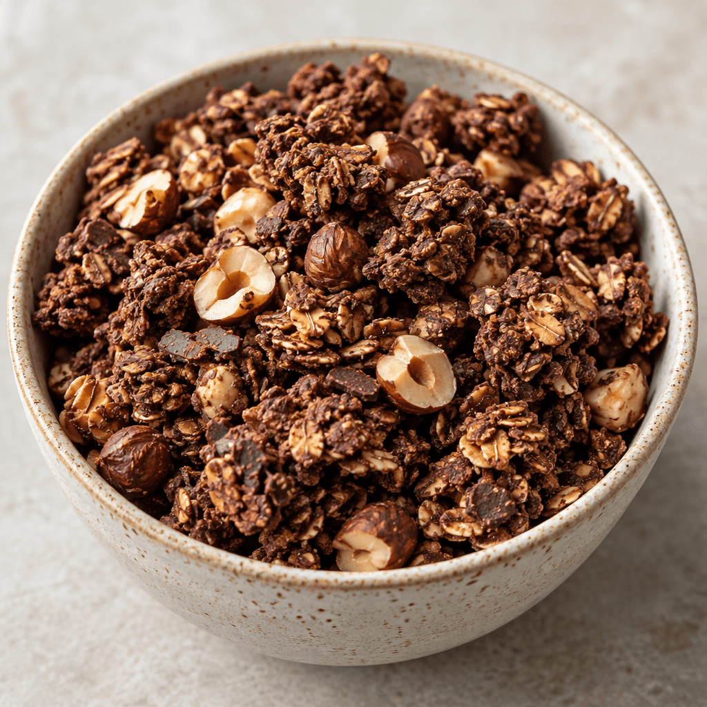 A bowl of loose, irregular granola clusters in deep cocoa-brown and golden-brown tones, with visible hazelnut pieces and crisp flakes throughout.