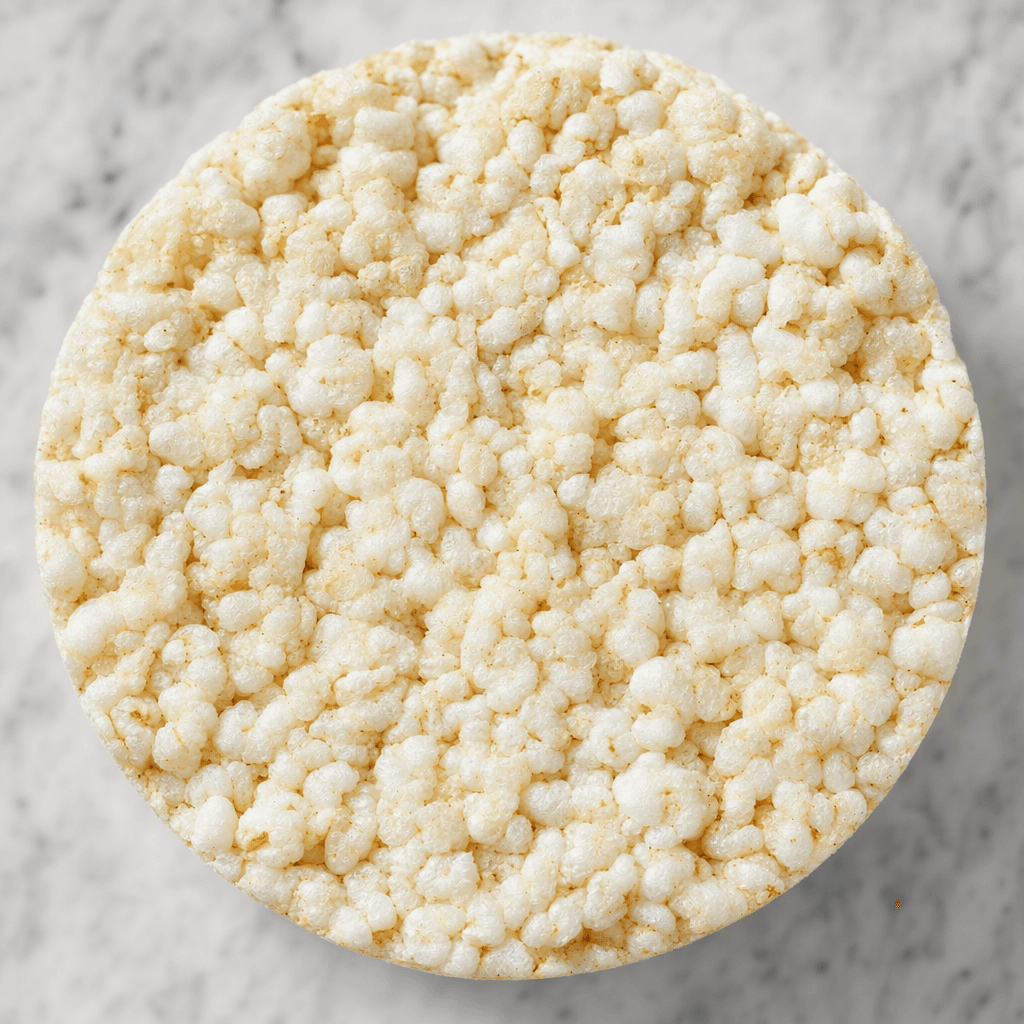 A round, pale ivory rice cake with a dry, porous surface of tightly packed puffed grains and an uneven, lightly crumbled edge.