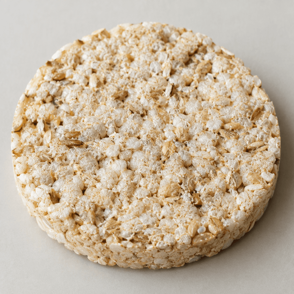 A round, flat, pale beige grain cake with a dry, porous, lightly uneven surface and small visible grain pieces.