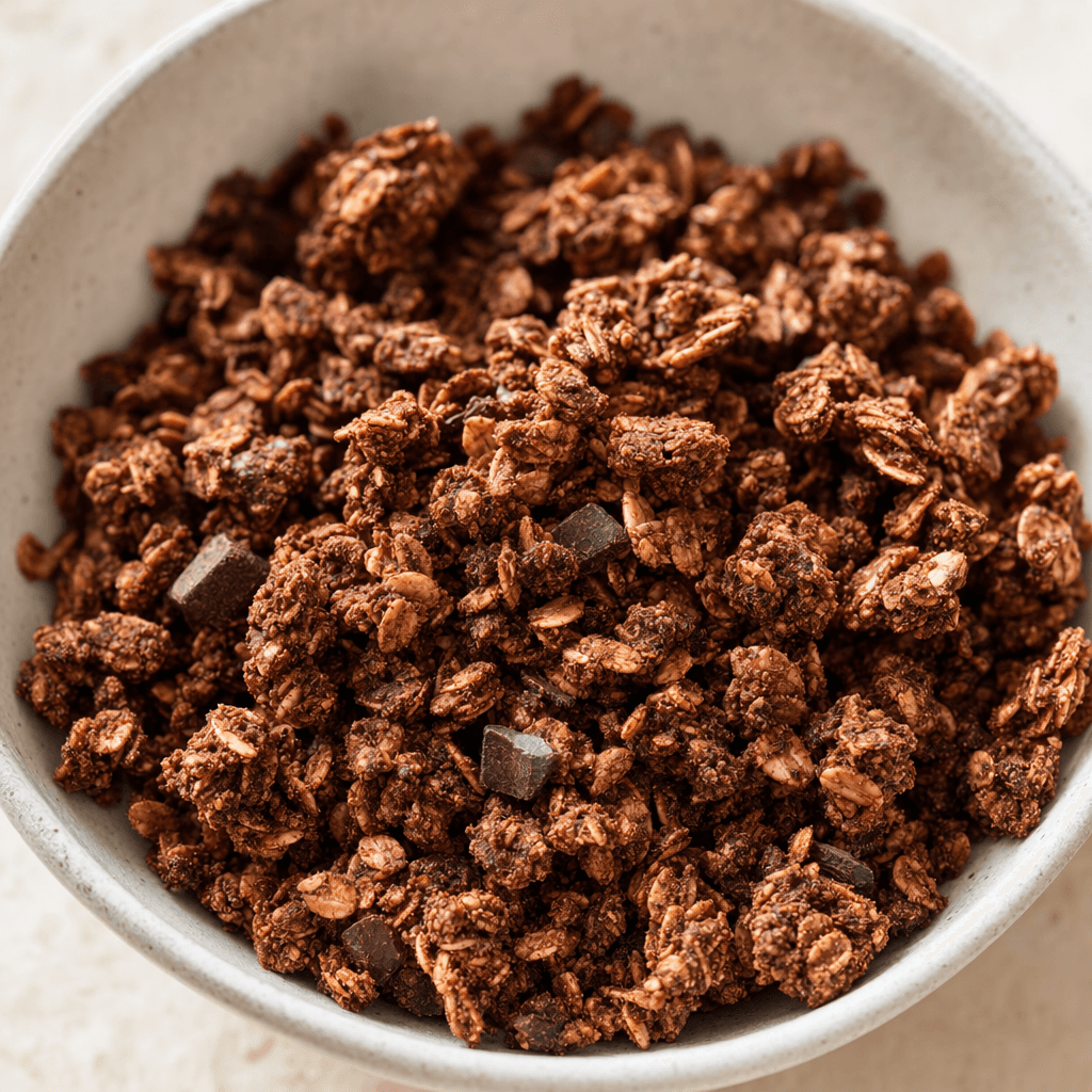 Clusters and loose flakes of granola in varied shades of cocoa brown, with a dry, rough texture and irregular shapes, are scattered in a shallow bowl.