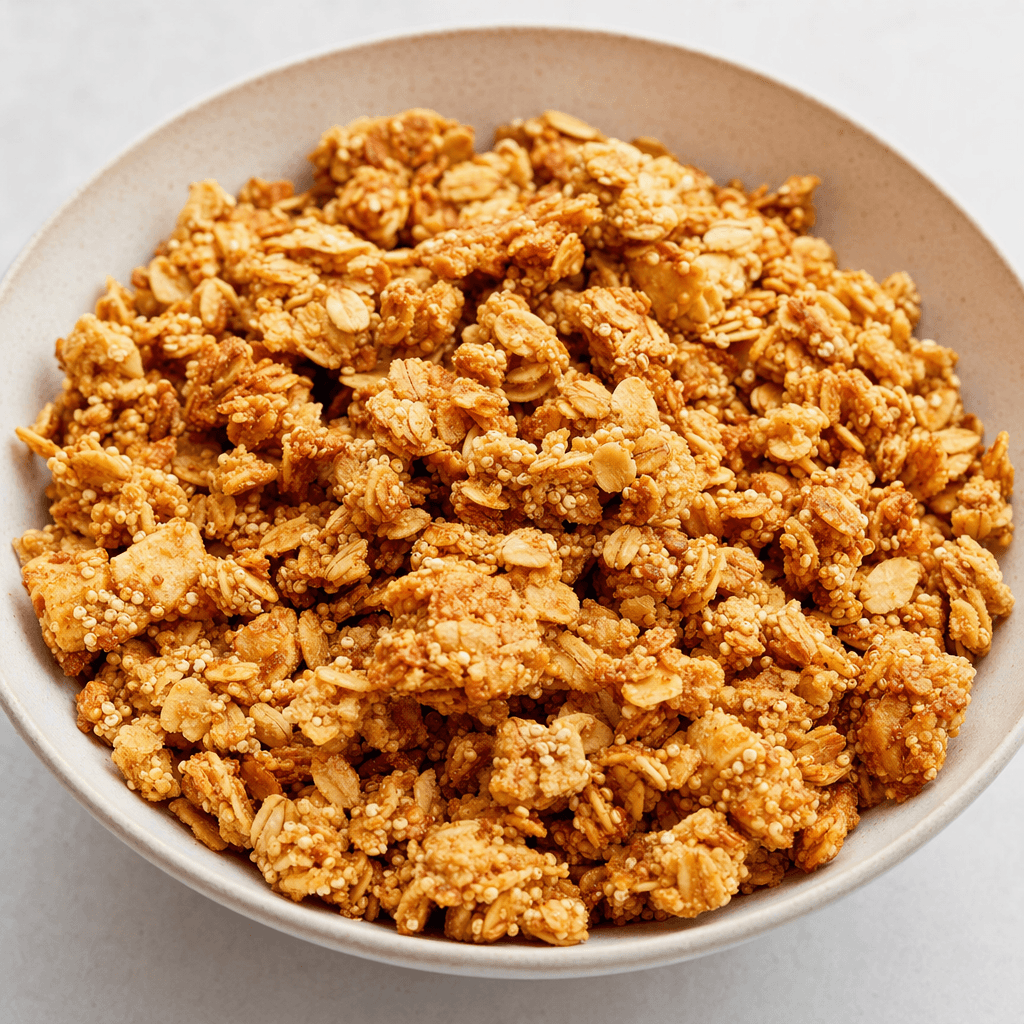 Sunum kâsesine gevşekçe konmuş, yulaf parçaları ve minik kinoa taneleri görünen, altın-kahverengi düzensiz granola kümeleri.