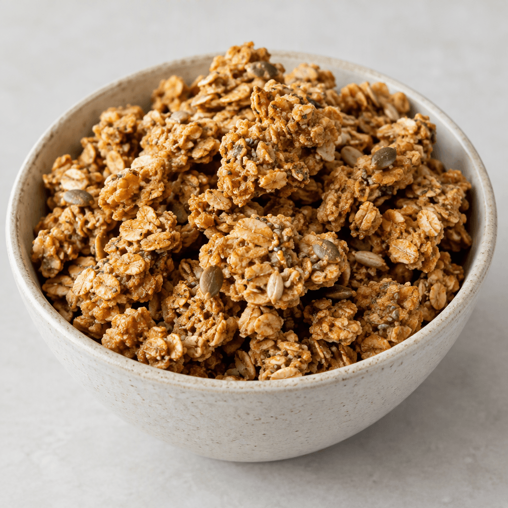 Bir kâsede, yulaf pulları ve küçük tohumların seçildiği, altın kahverenginde düzensiz granola kümeleri yığılmıştır.