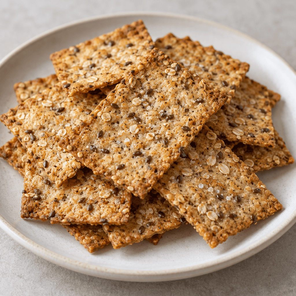 Thin, crisp-looking, roughly rectangular golden-brown crackers with an uneven, grain-speckled surface are arranged on a plain plate.