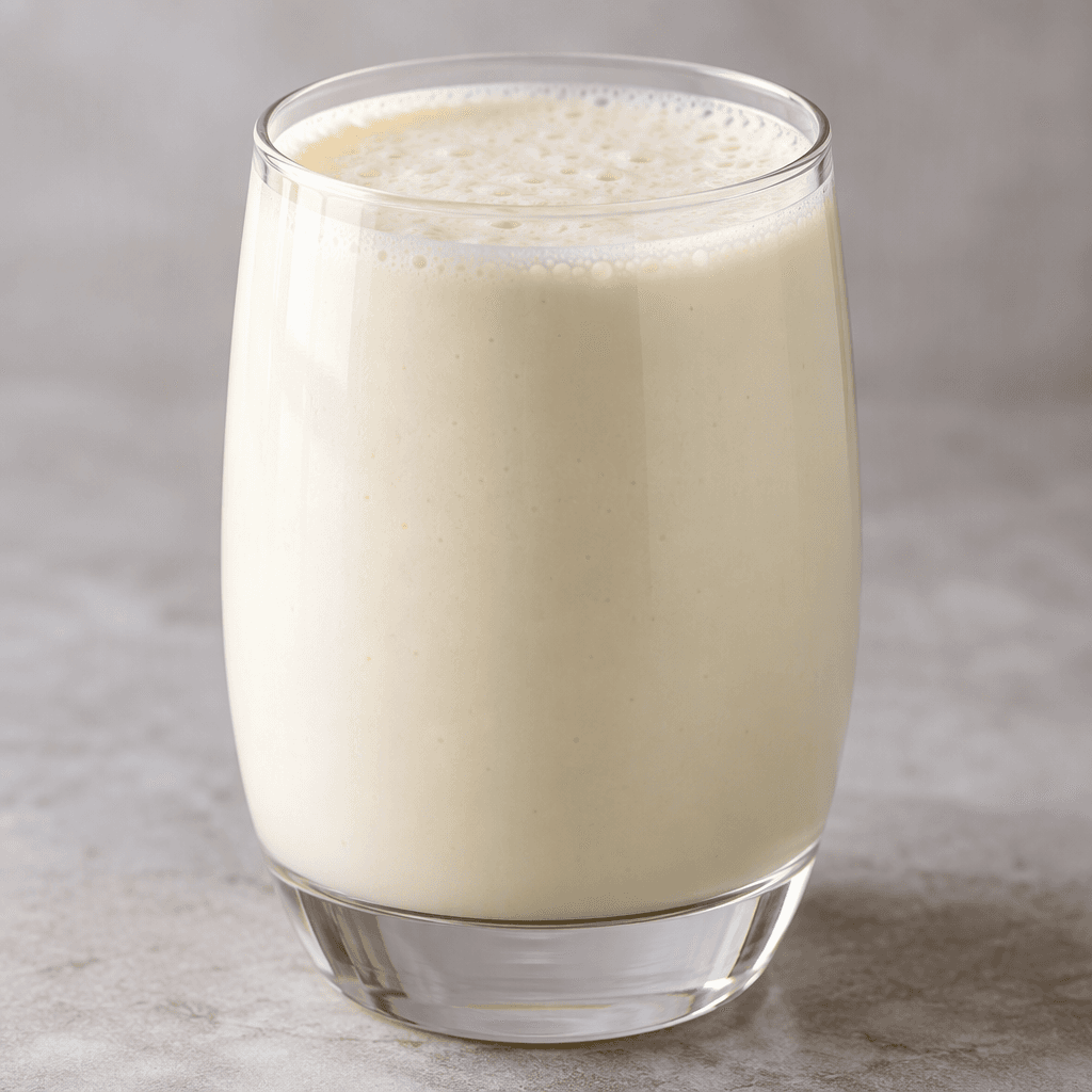 A smooth, opaque, pale ivory-colored drink fills a clear glass.