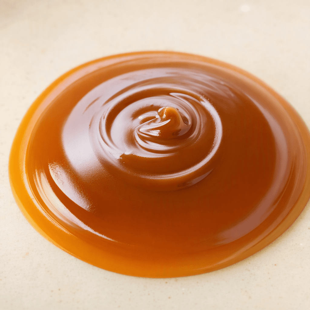A thick, smooth, glossy amber-brown liquid sits in a small pool, with light passing faintly through its edges.