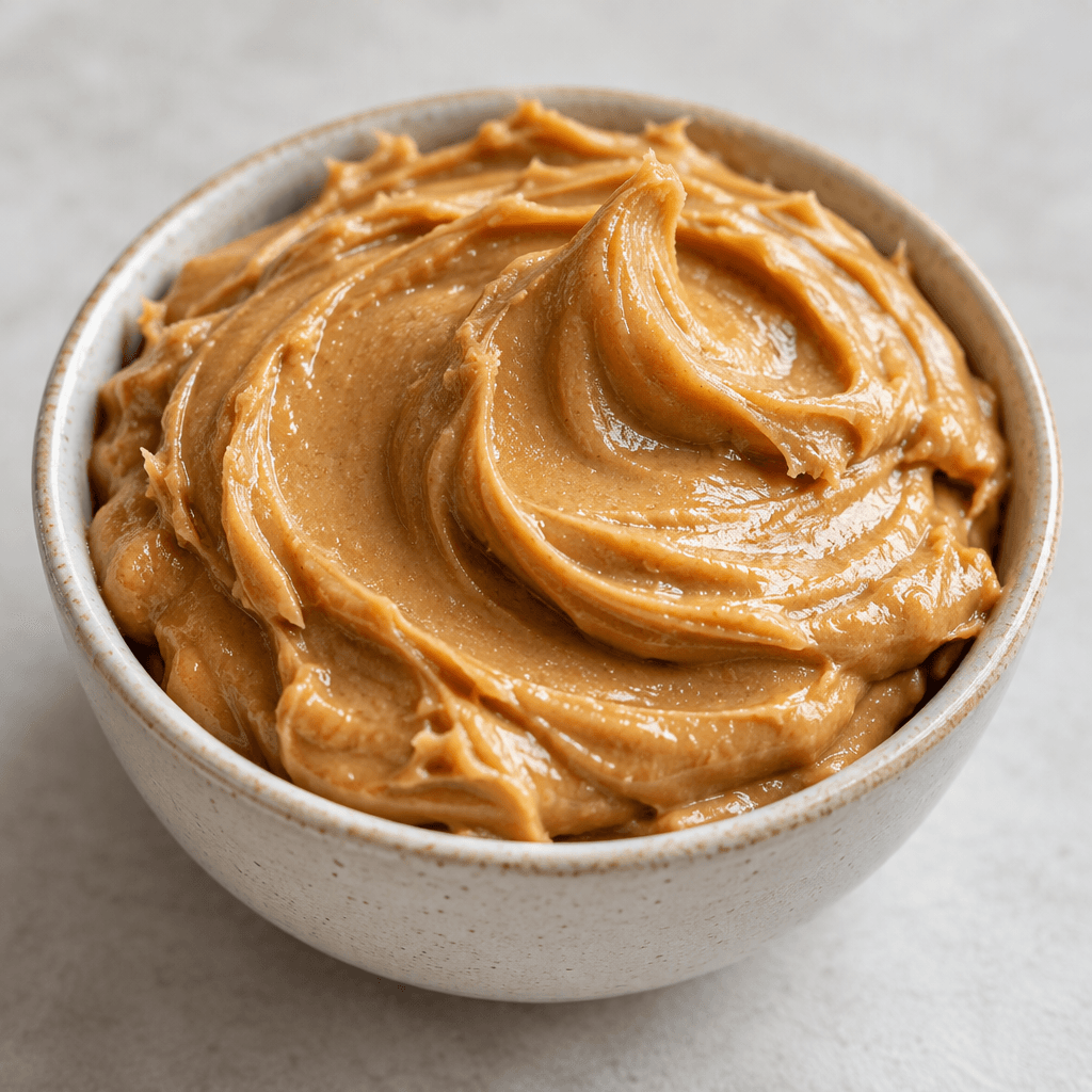 Thick, smooth tan-brown peanut paste, glossy in places and mounded in a small serving with soft swirls on its surface.