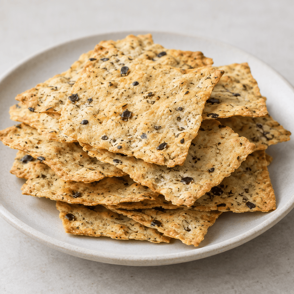 Thin, flat, golden-beige crackers with slightly uneven edges, a lightly dimpled surface, and scattered green herb and dark olive flecks, loosely stacked on a plate.