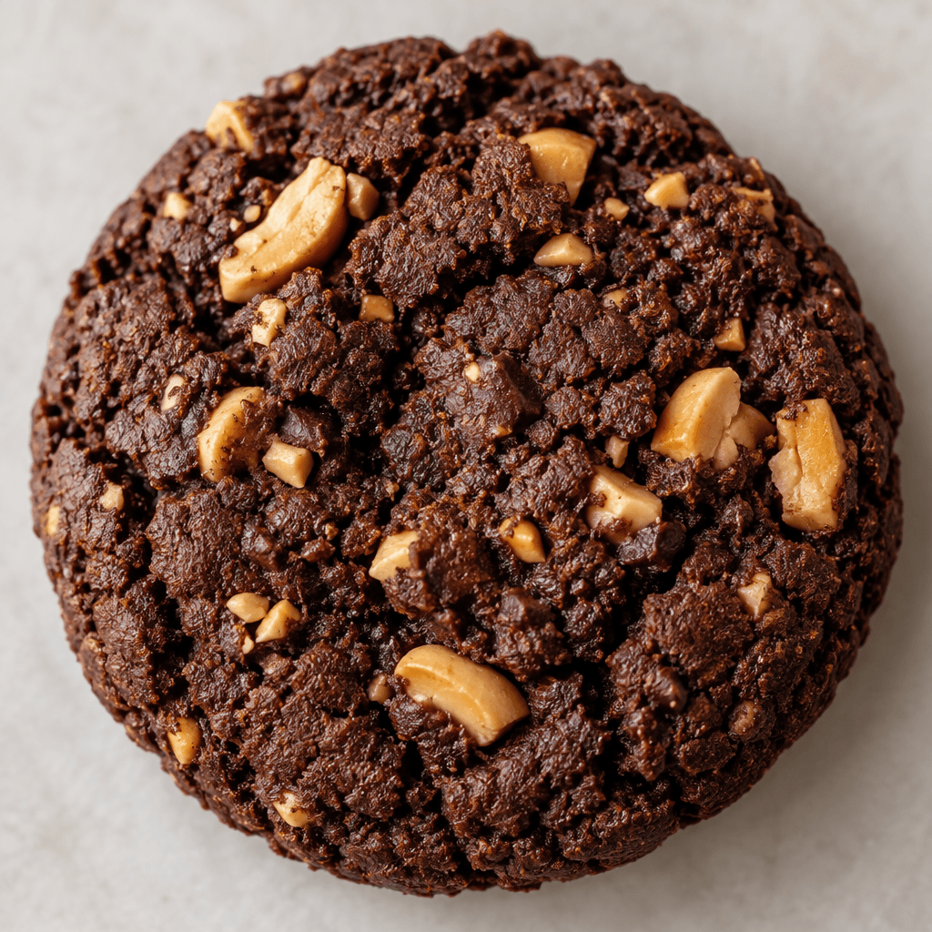 A round, dark cocoa-brown cookie with a slightly uneven, crumbly surface and small pieces of peanut visible throughout.