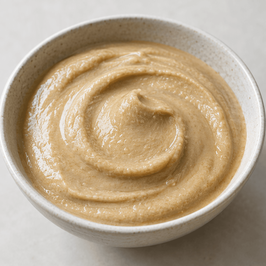 Pale beige sesame paste with a smooth, thick texture and a gentle oily sheen, swirled into a shallow mound.
