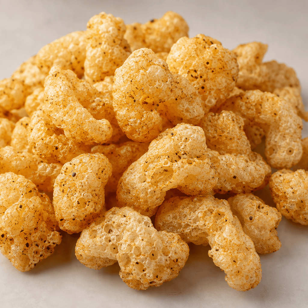 A loose pile of small, irregularly shaped, airy puffed snacks, pale golden in colour with a rough, porous surface and occasional darker seasoning specks.