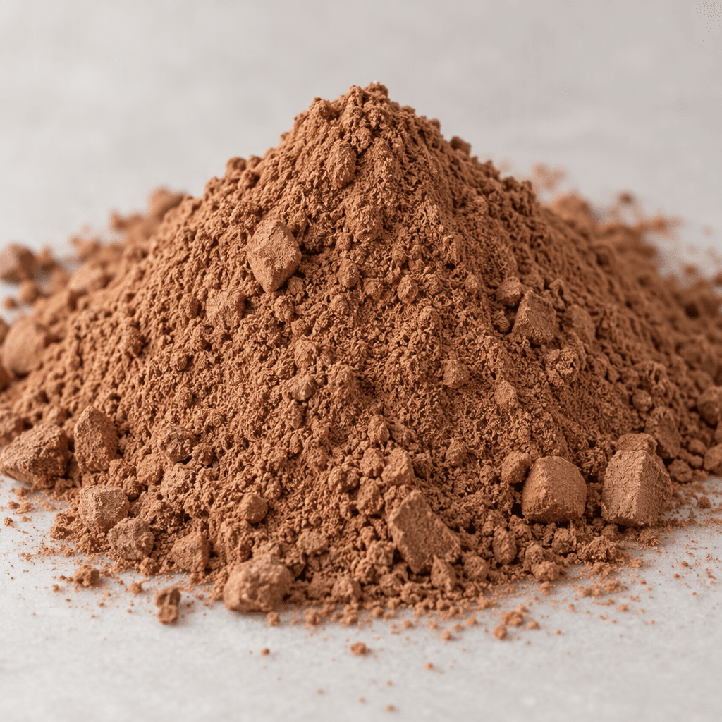 A small mound of light cocoa-brown powder with a dry, finely granulated surface and a few tiny clumps.