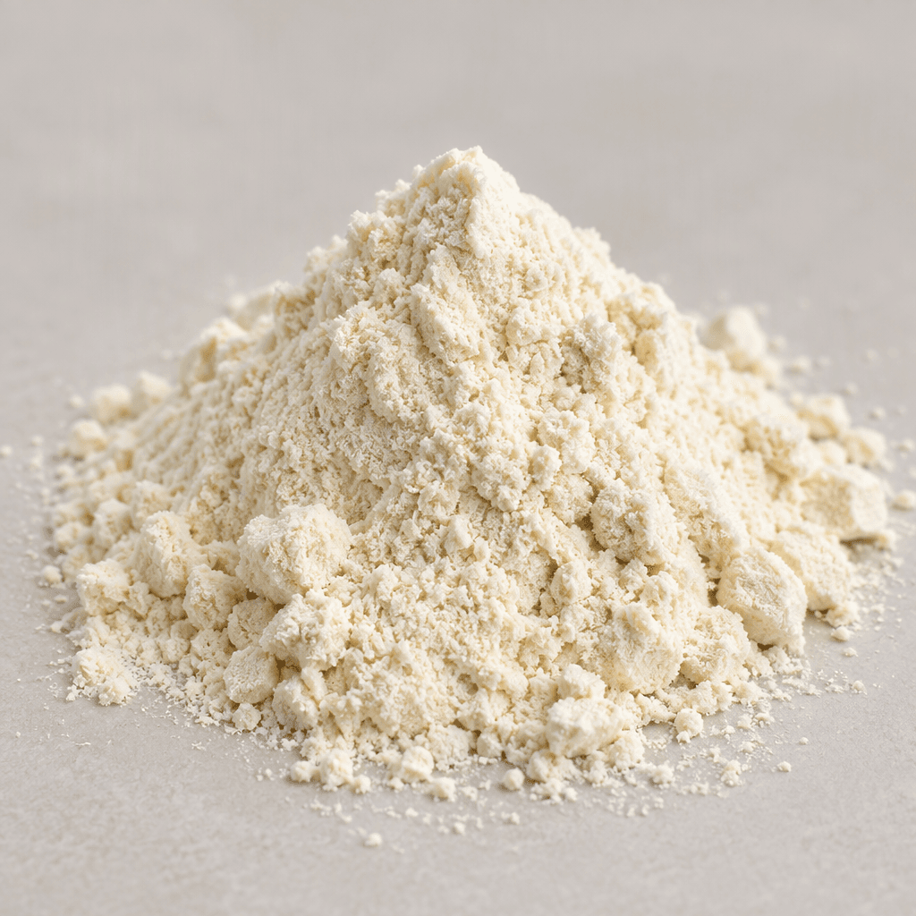 A small mound of pale ivory protein powder with a fine, dry texture and a few soft clumps.