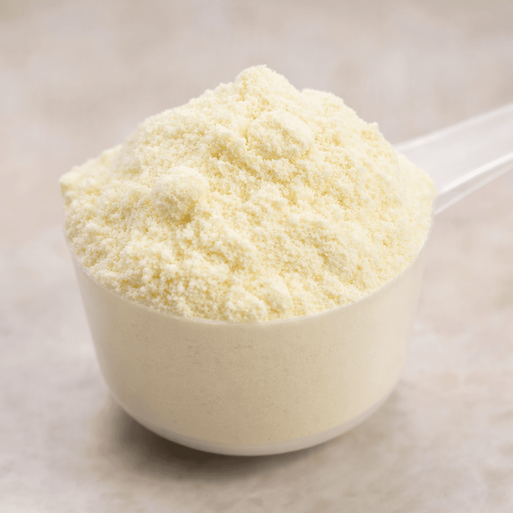 Küçük bir ölçek içinde, kuru ve ince dokulu, yer yer minik topakları bulunan açık fildişi renginde protein tozu duruyor.