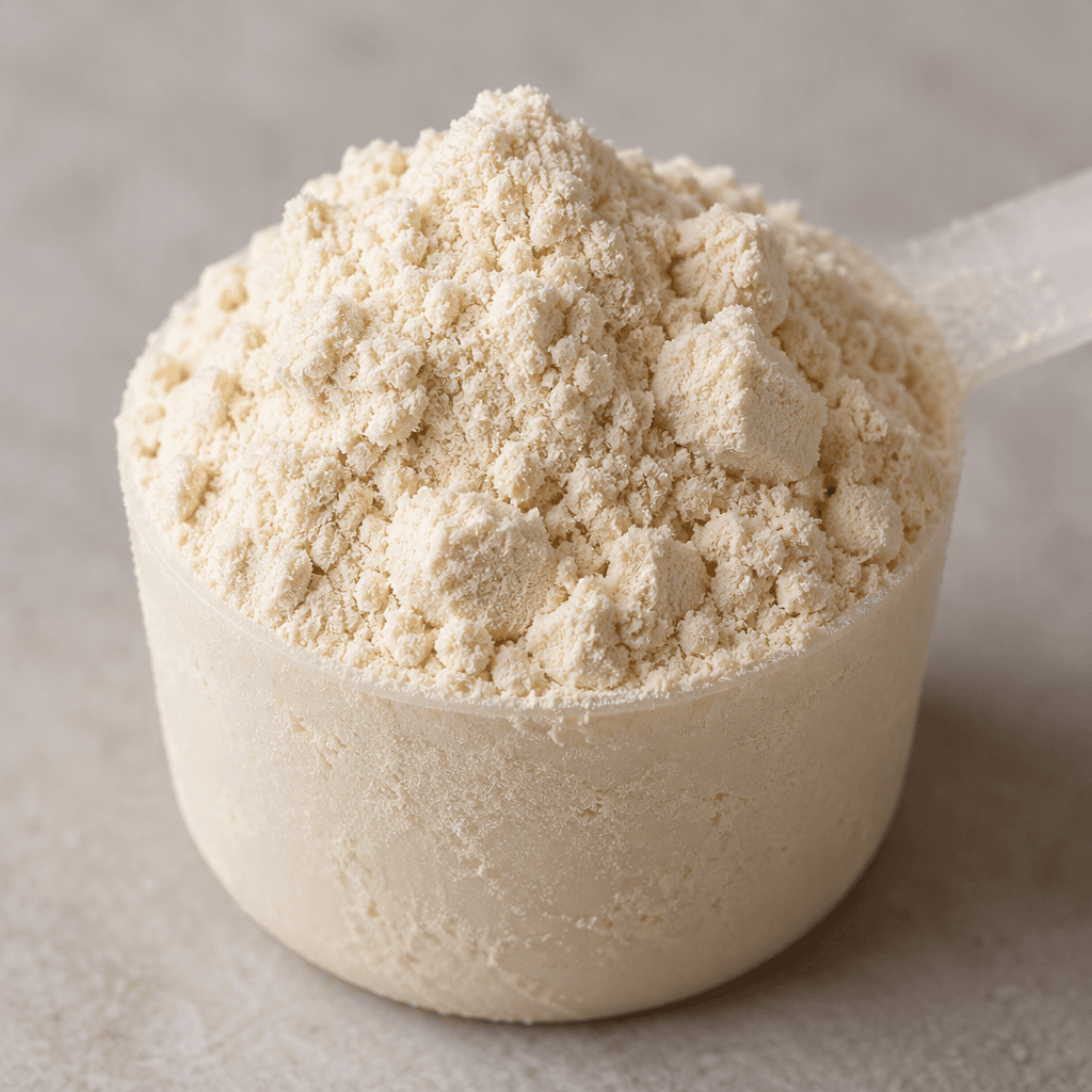 A small mound of fine, pale cream-colored protein powder with a soft, slightly clumpy texture sits in a scoop.